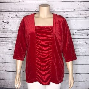Avenue Size 22/24 Red Velvet 3/4 Sleeve Ruched Accent Front Blouse Top